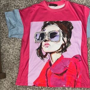 Vibrant Pink and Blue Short Sleeve Tee with Graphic Print
